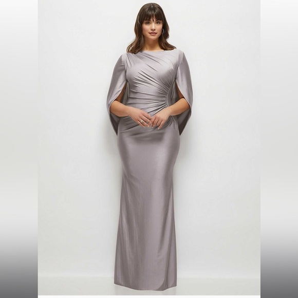 Dessy Collection- DRAPED STRETCH SATIN MAXI DRESS WITH BUILT-IN CAPELET - Picture 1 of 15